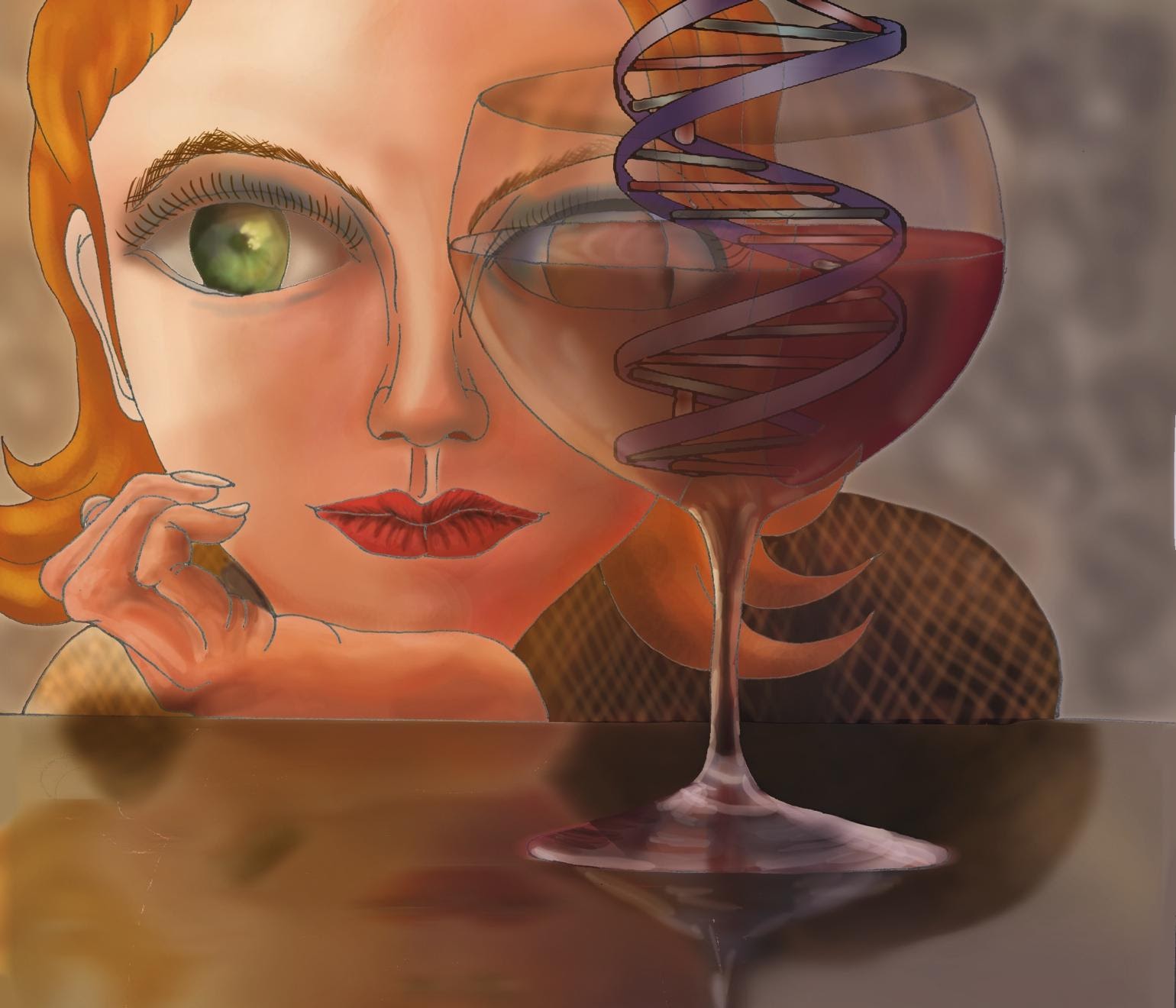graphic of female looking at a glass of wine with a strand of DNA in it